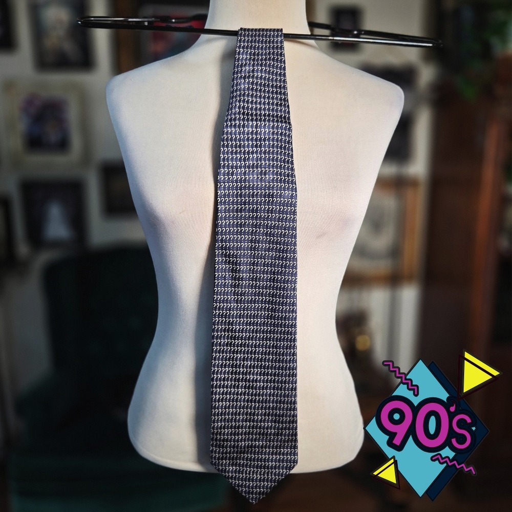 Vintage 90s Structure Silk Tie Question Mark Navy Blue Novelty Mens Necktie USA
